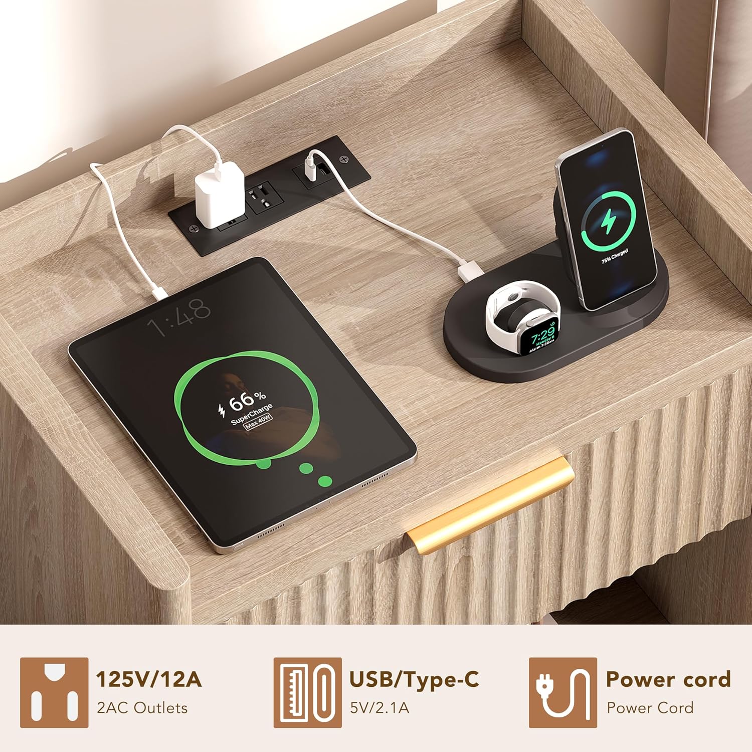 25.9" Fluted Nightstand with Charging Station, Large Modern Bedside Table with Storage Drawer and Metal Handle,End Table for Bedroom, Home Office（Natural Oak）