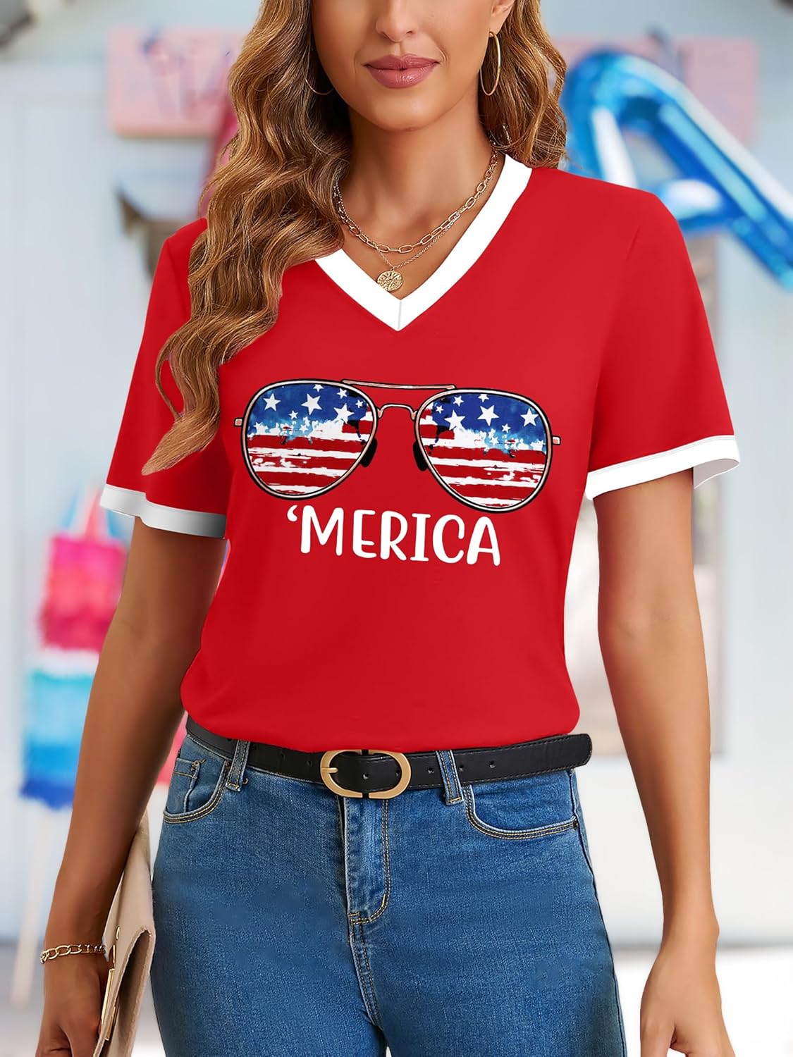 PECHAR 4th of July Shirts Women American Flag T-Shirt Faith Family Freedom Tshirt V-Neck Short Sleeve Patriotic Tees - Image 3