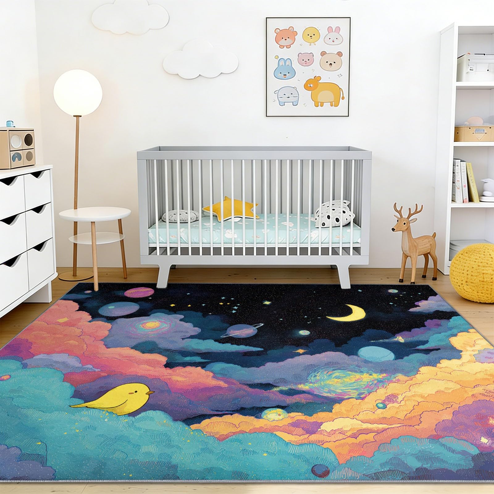 Tappeto lavabile per soggiorno, 80 x 150 cm, blu e giallo, stile bohémien, per cameretta dei bambini, stanza dei giochi, stampa di piccoli uccelli gialli e pianeti, design moderno, antiscivolo