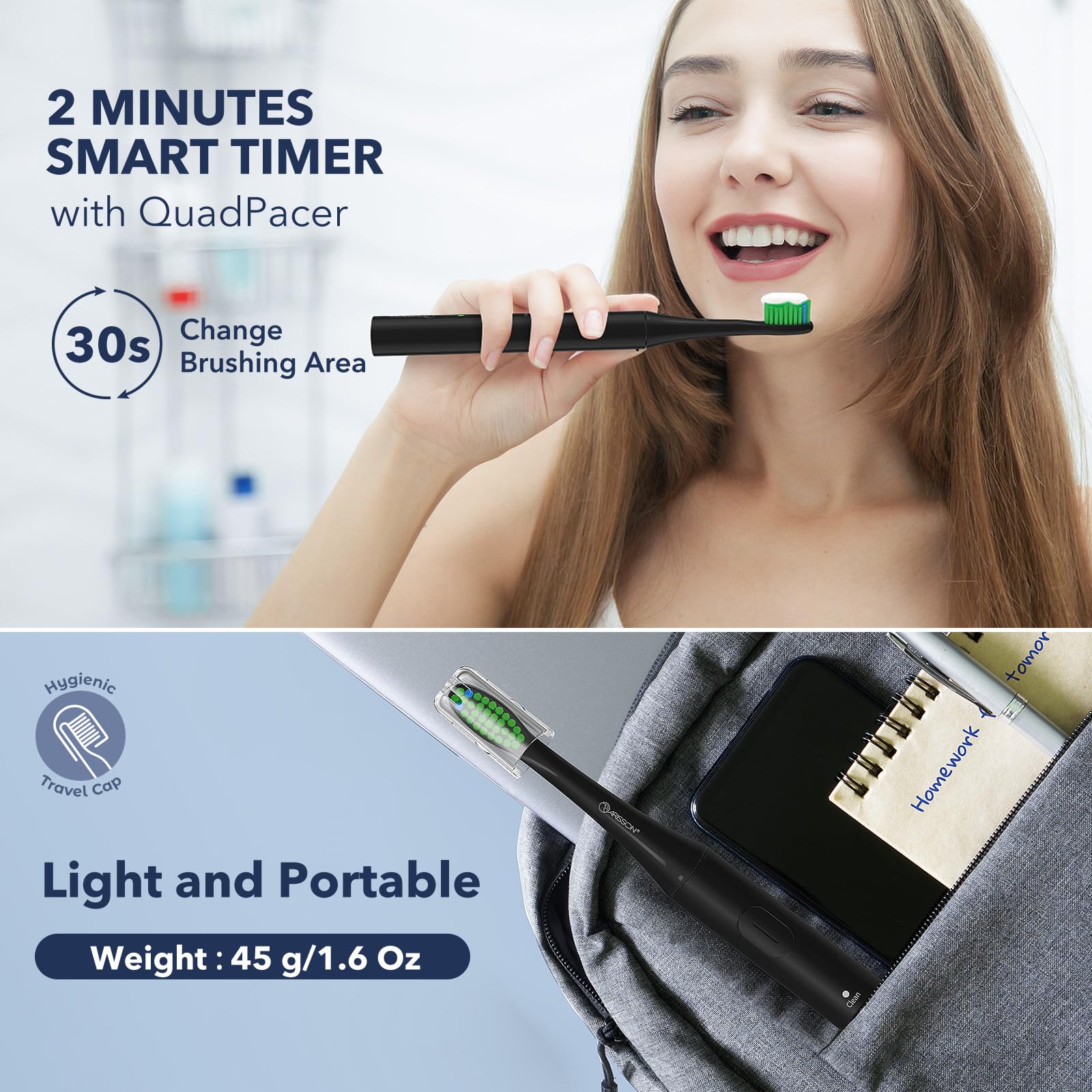 ARISSON Cepillo de dientes eléctrico sónico para adultos y niños, cepillo de dientes eléctrico de 40,000 VPM, cepillos de dientes eléctricos ultrasónicos de carga rápida de 1.5 horas con temporizador