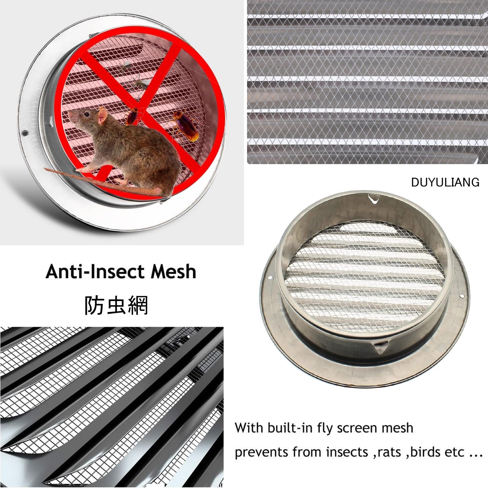 Acier Inoxydable Grille De Ventilation 70 80 100 125 150mm - Grille D'aération avec Maille - Durable Capot De Sortie d'air Hotte D'échappement, pour Garage Cuisine Salle De Bain Mur VR