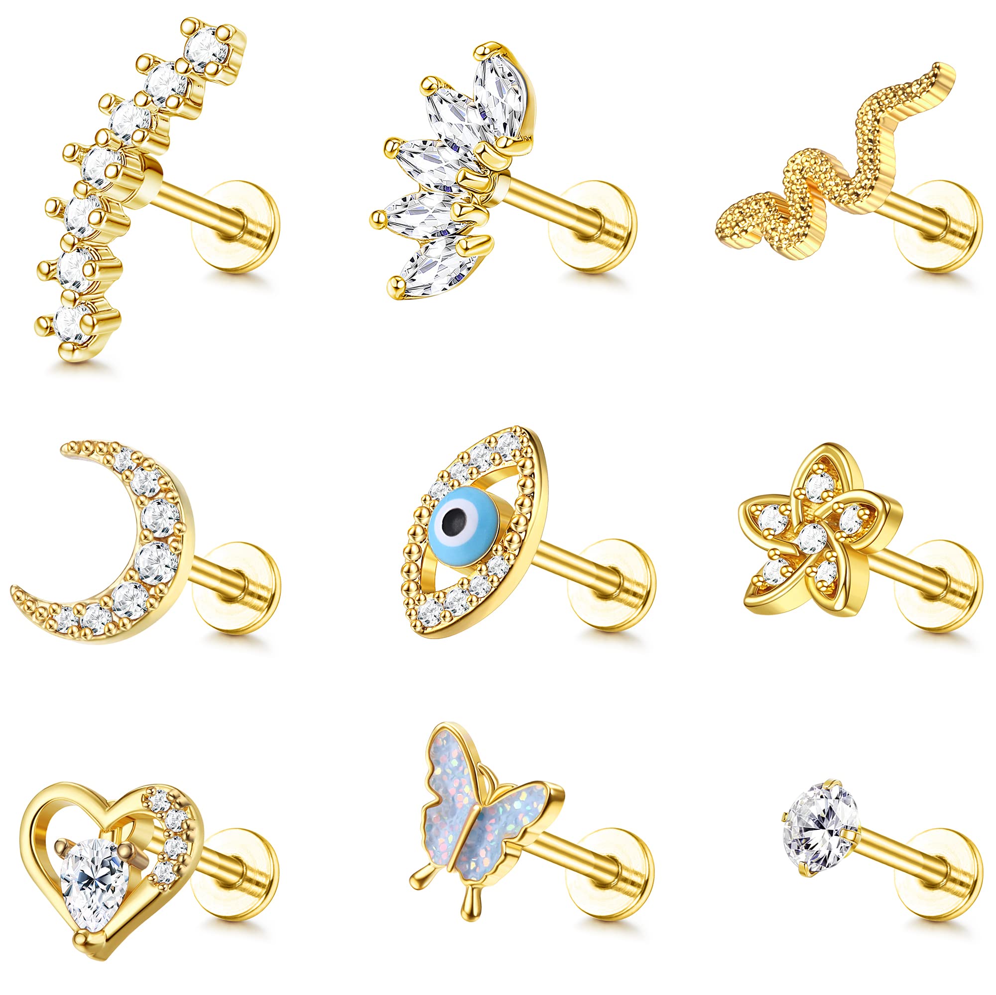 Adramata9 Pcs 16G Piercing Oreja para Mujere Acero Quirúrgico Pendientes Set Concha Tragus Pendientes Piercing Mal de Ojo Mariposa Flor Oreja Piercing Helix Cartílago Tragus Piercing Joyería