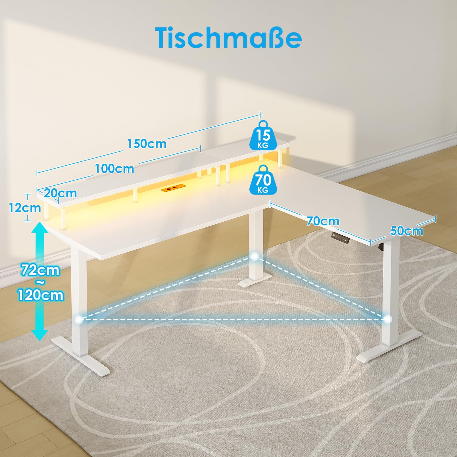 OffiGo Schreibtisch Höhenverstellbar, 150x120cm Eckschreibtisch Höhenverstellbar mit Monitorhalterung, Elektrisch Schreibtisch L Form mit Steckdosen, Computertisch mit LED Lichtleiste für Büro, Weiß