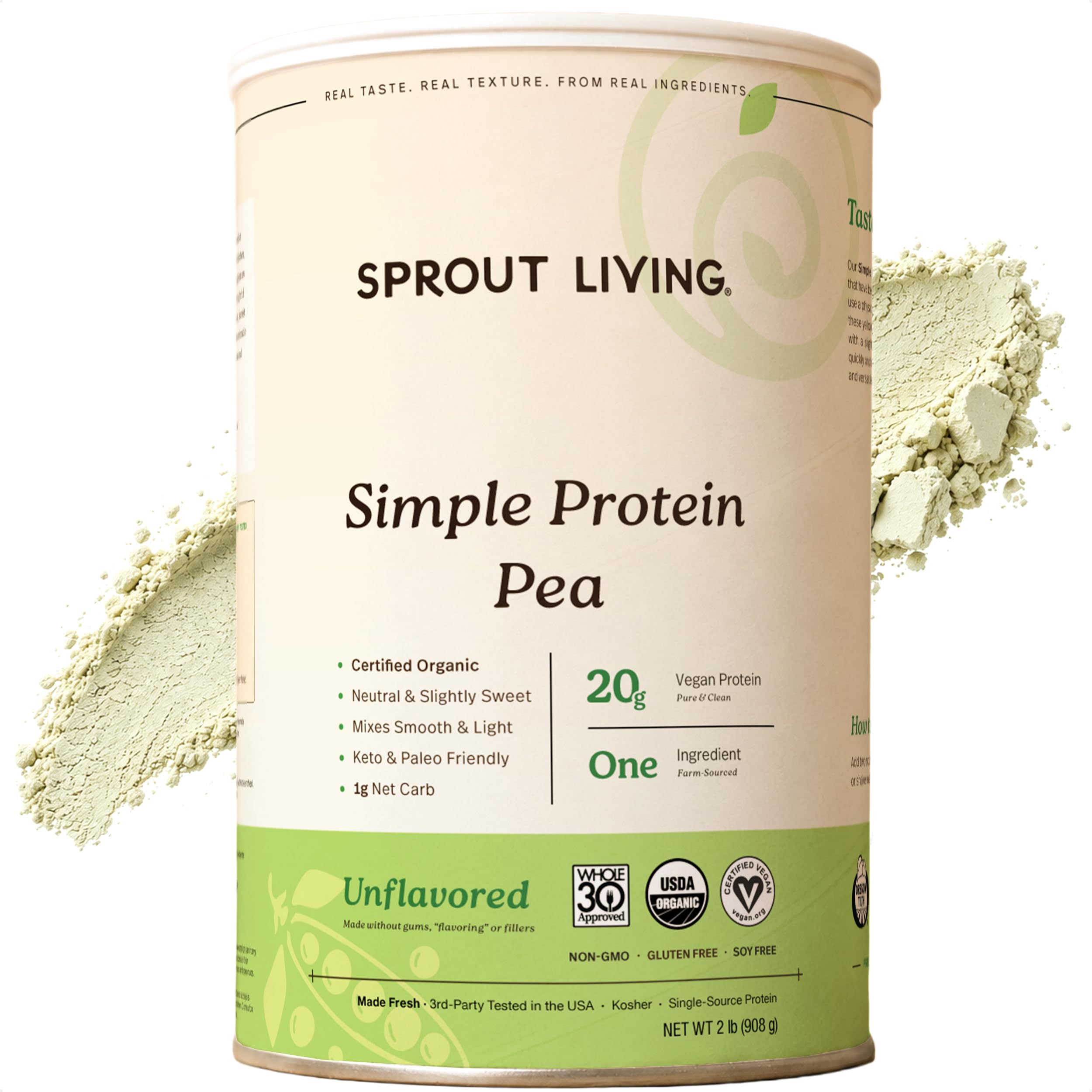 Sprout Living Organic Pea Protein Powder, Unflavored, 20 Grams of Plant Based Organic Protein Powder Without Artificial Sweeteners, Non Dairy, Non-GMO, Vegan, Gluten Free (2 Pound, 38 Servings)