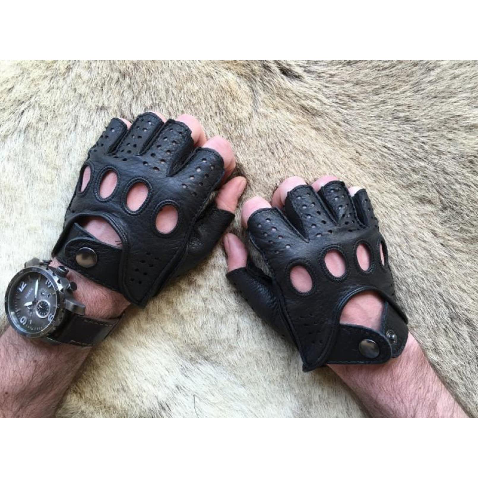 Rękawice motocykloweMęskie skórzane rękawiczki do jazdy bez podszewki koziej skóry rękawiczki do połowy palców siłownia fitness rękawiczki mitenki