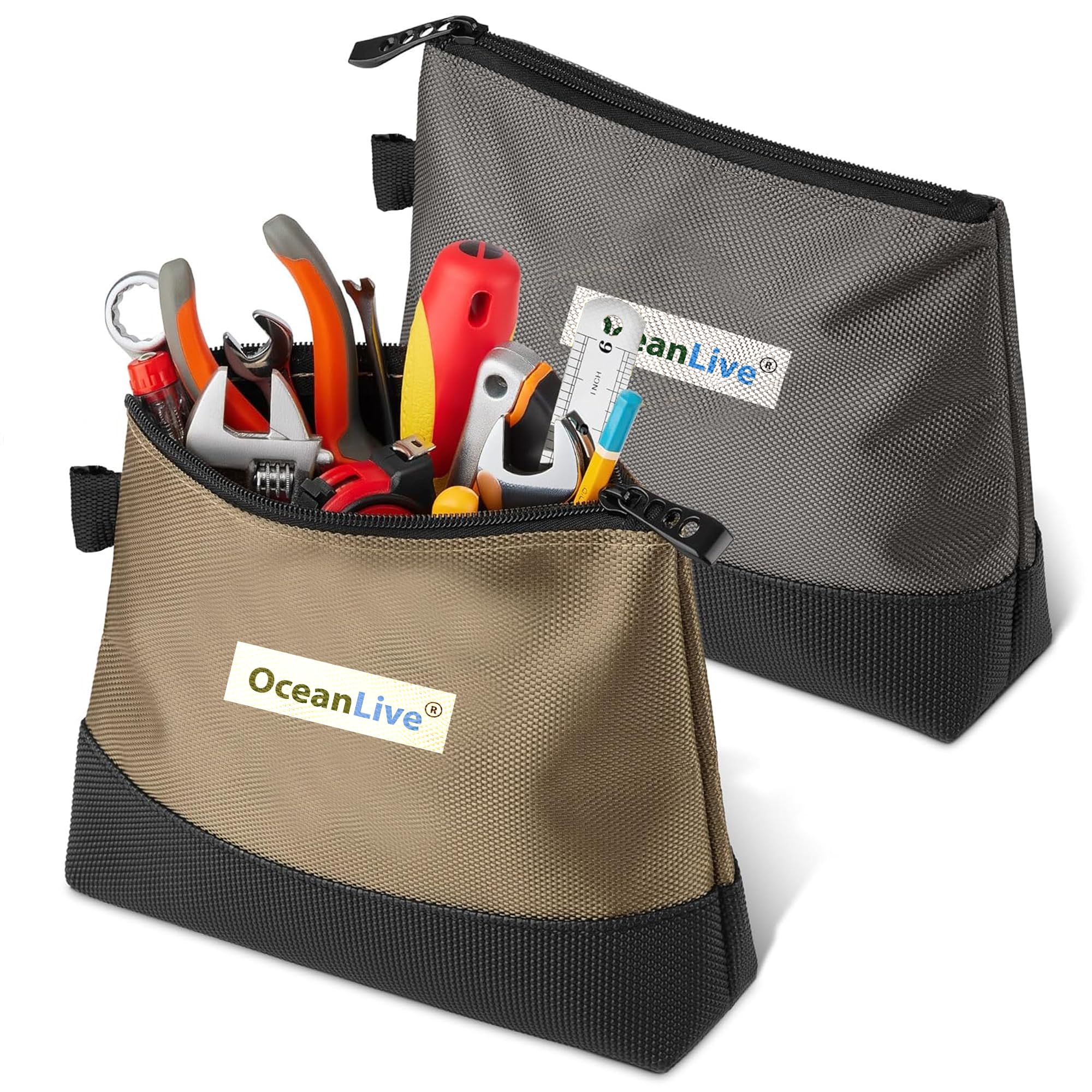 OceanLive Tools Bag Heavy Duty Small Size Tool Pouch Combo Pack of 2, 1680D Oxford Polyester Tool Bag for Carpenters, Electricians, Network Engineers & DIY Use, Brown and Grey