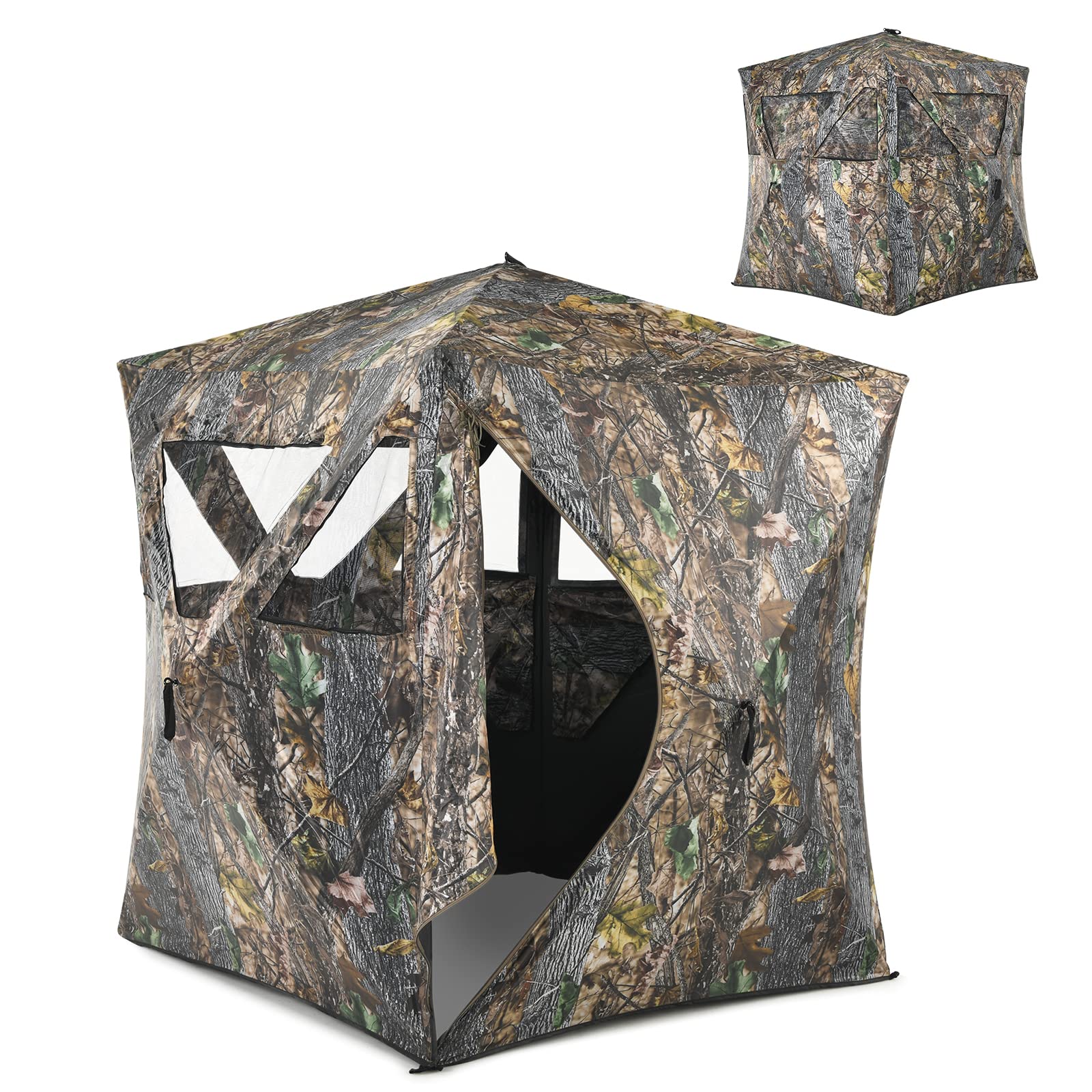COSTWAY Tenda Portatile per Caccia con Finestre a Rete, Tenda a Terra Pieghevole per 3 Persone con Picchetti da Terra, Borsa per Trasporto