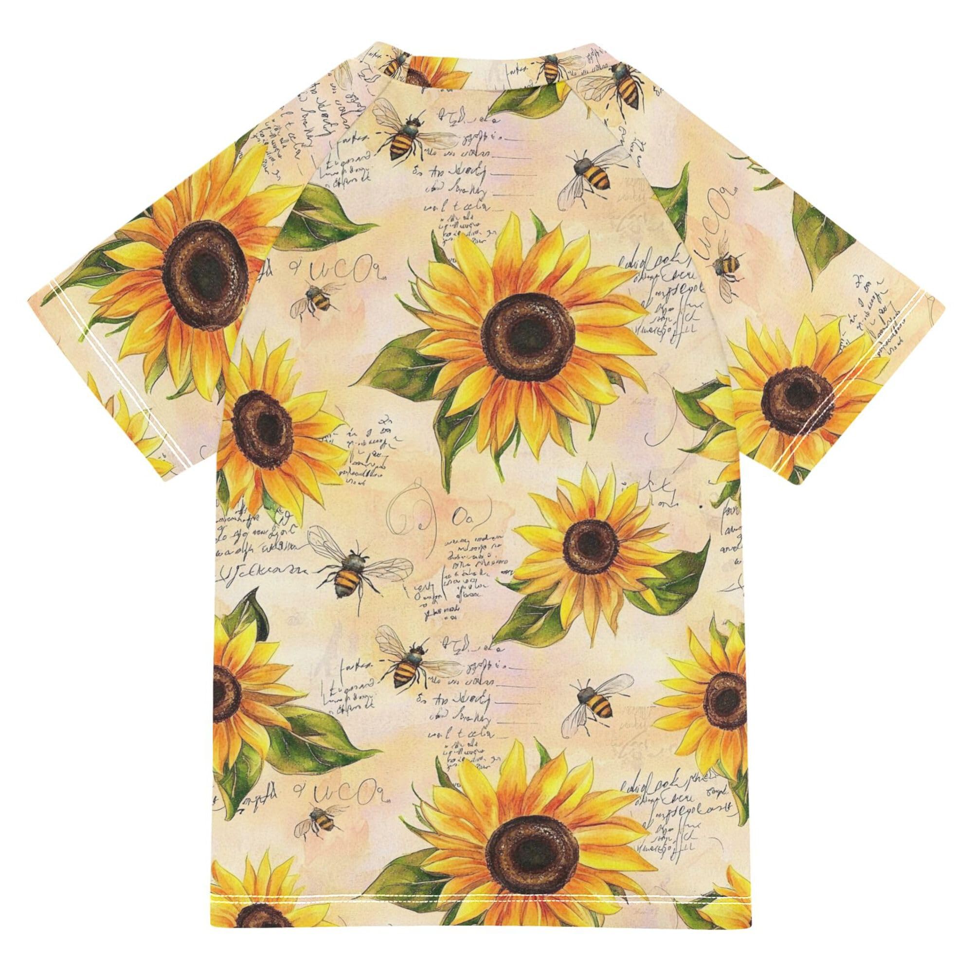 Vintage Sunflowers Bees Girl Bathing Suit Short Sleeves Workout Shirts Swimwear Beach Tops 3T