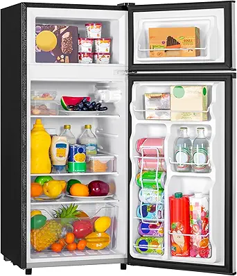 4.4 Cu.Ft Mini Fridge with Freezer, Small Fridge with 2 Doors for Office, Kitchen, Dorm and Bedroom, Mini Refrigerator with Adjustable Shelves (Silver)