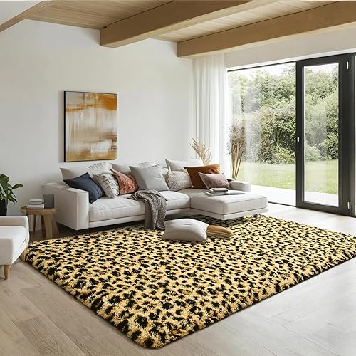 Miniatura 4 de HOMORE Alfombras esponjosas de leopardo de alta calidad, alfombra con estampado de leopardo para sala de estar, dormitorio, alfombra suave con