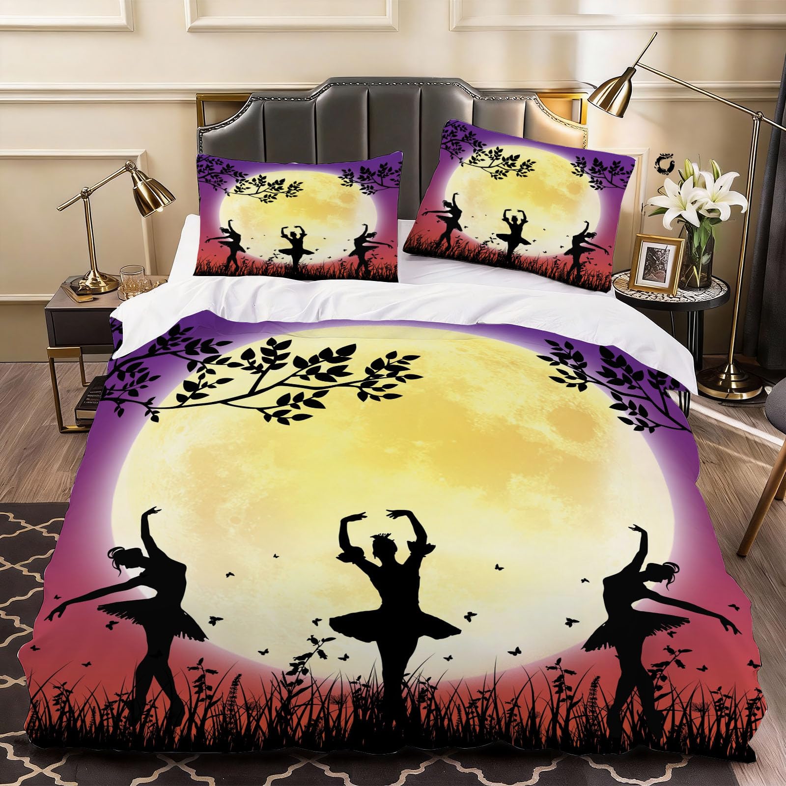 3D Cartoon Ballerina Duvet Cover Silhouette Bedding Super King Bed Set, Soft Microfiber Comforter Cover Printed with Zipper Closure Quilt Coverr 260x220 cm and 2 Pillowcases