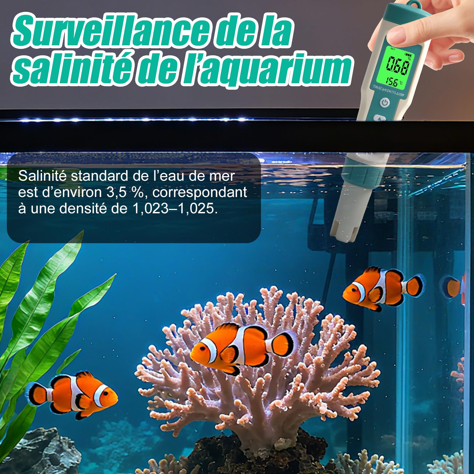 Testeur pH Salinité Piscine, Mesure de EC TDS ORP H2 SALT S.G Temp | 8 in 1 analyseur d'eau de piscine, testeur electronique eau pH, mesure electronique spa, aquarium, eau potable