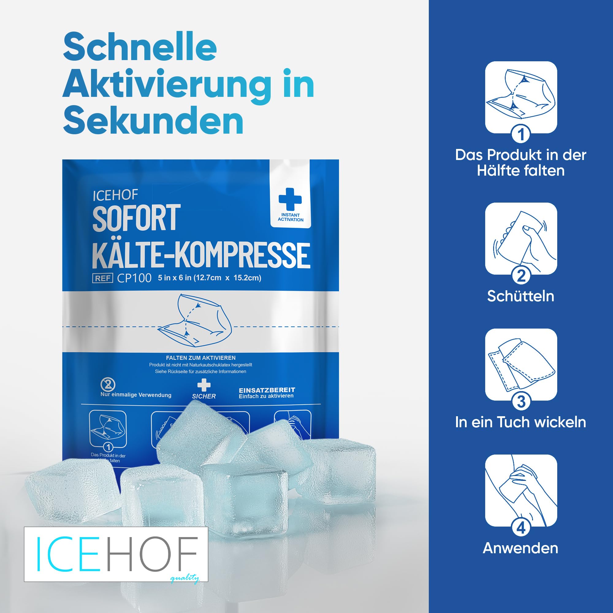 ICEHOF Almohadillas de refrigeración para doblar – 50 compresas frías instantáneas – 15,3 x 12,7 cm – compresas de refrigeración desechables para viajes – Paquete de refrigeración para doblar