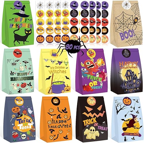 WOONOO 80 bolsas de regalo de Halloween, 10 estilos de bolsas de papel de regalo de Halloween para recuerdos de fiesta con 80 calcomanías, bolsas de