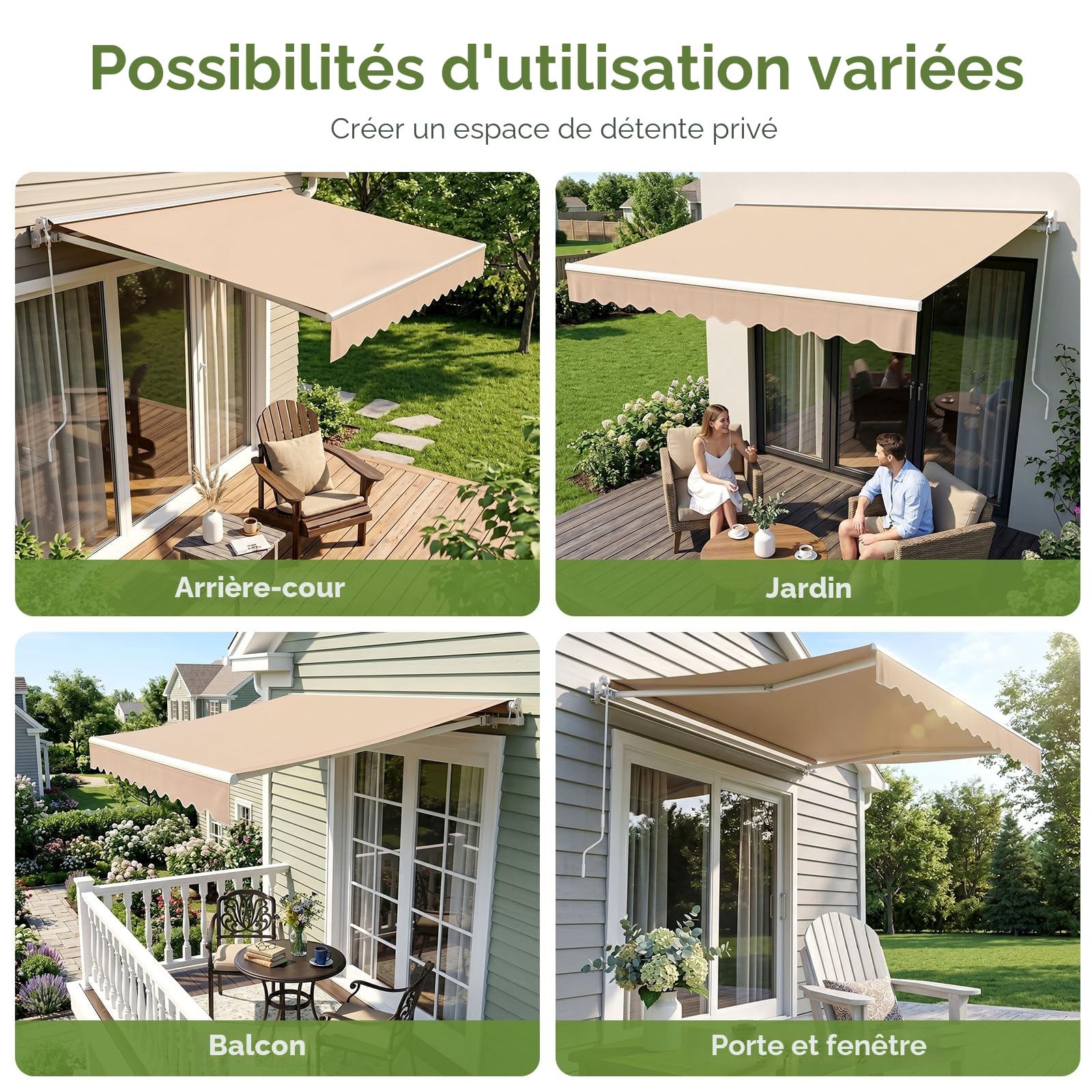 Auvent Manuel Rétractable pour Bras Articulés, 300 x 250 cm, Store Articulé, avec Support Mural, Manivelle, Imperméable, AluminiumPolyester, pour Extérieur, Terrasse, Balcon, Kaki