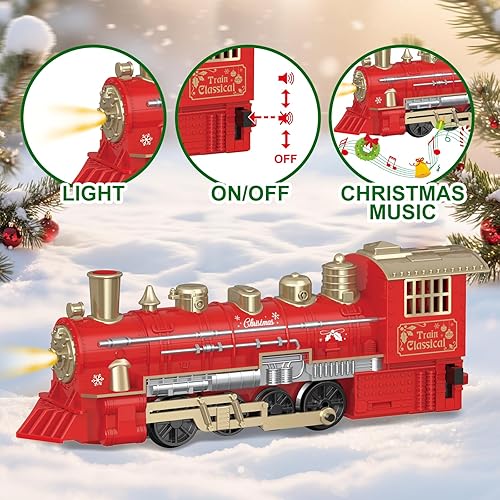 Miniatura 3 de JUQU - Juego de tren eléctrico con locomotora, autos y pistas, mini tren para debajo del árbol de Navidad, modelo de tren para niños con luz y