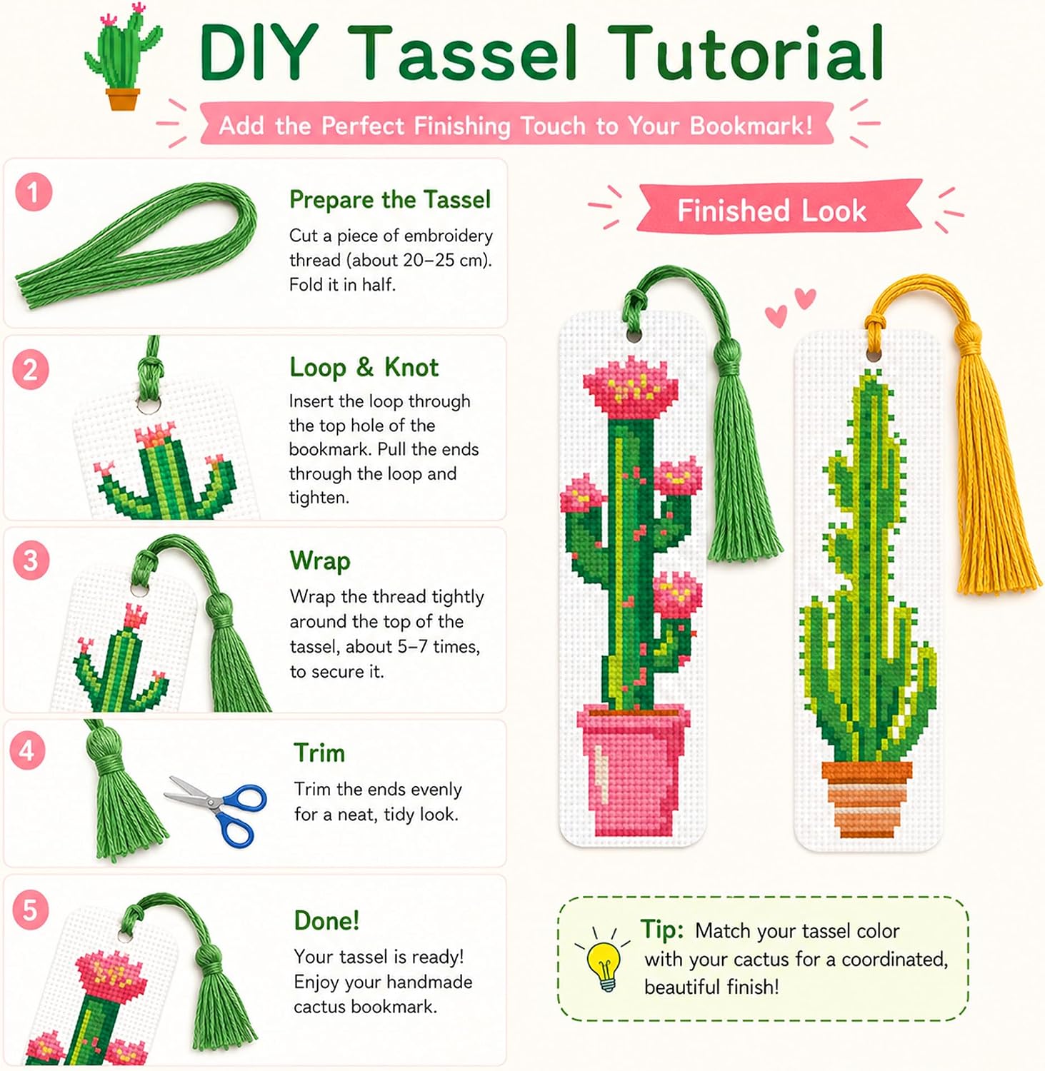 Zhenqing Cactus Stamped Cross Stitch Bookmark Kit, 6 Botanical Plant Designs on 11CT Fabric for Beginners, Book Lover Gift