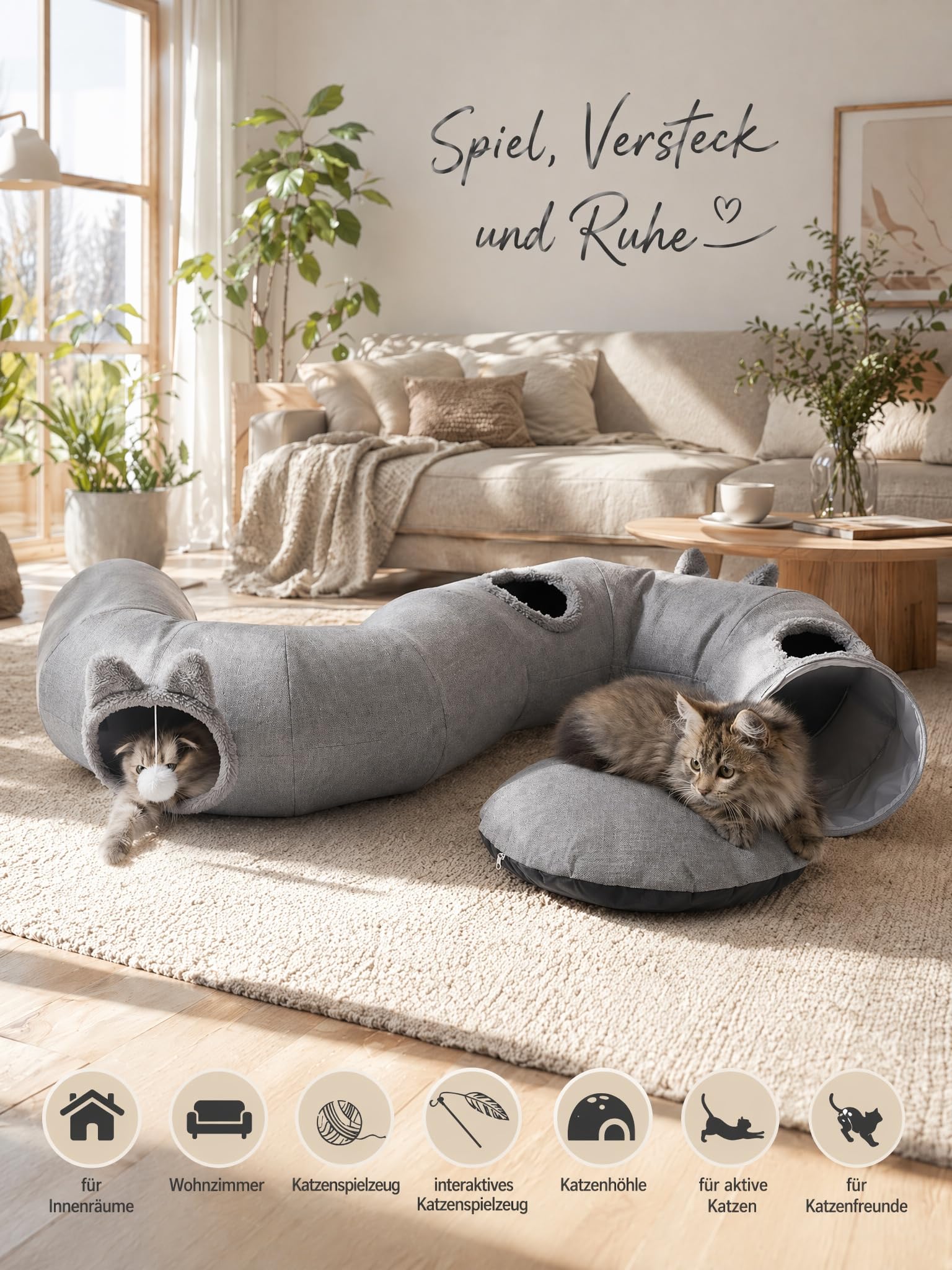 Cuccia per gatti, tunnel 3 in 1, rotonda | Lino traspirante, letto rimovibile, per l'estate, a forma di S, regolabile, per gatti e conigli