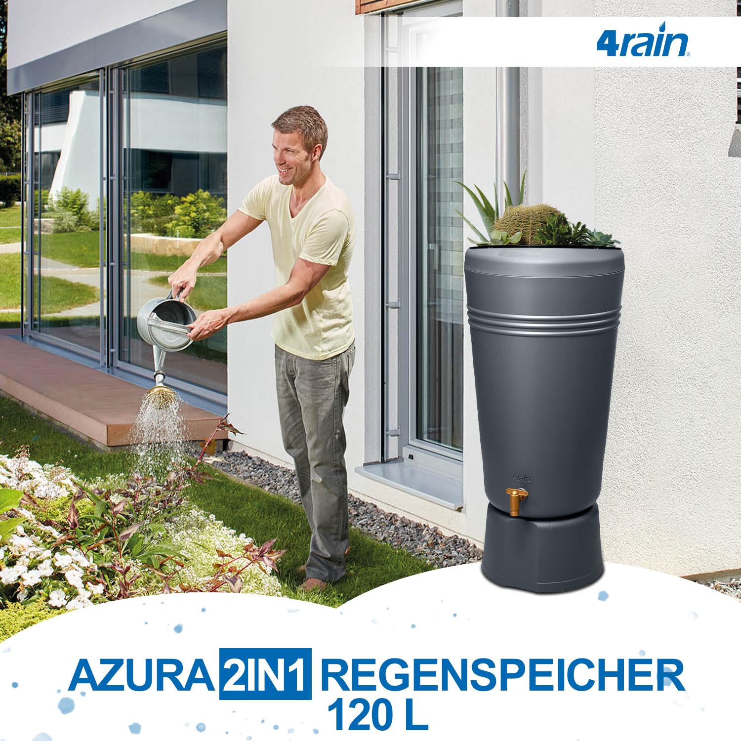 4rain Azura 2in1 Regentonne 120 Liter Graphite Grey inkl. Pflanzschale | und Unterstand, Regenfass mit Hahn, schmale Regenwassertonne in anthrazit, moderner Wassertank für den Garten als Wasserfass