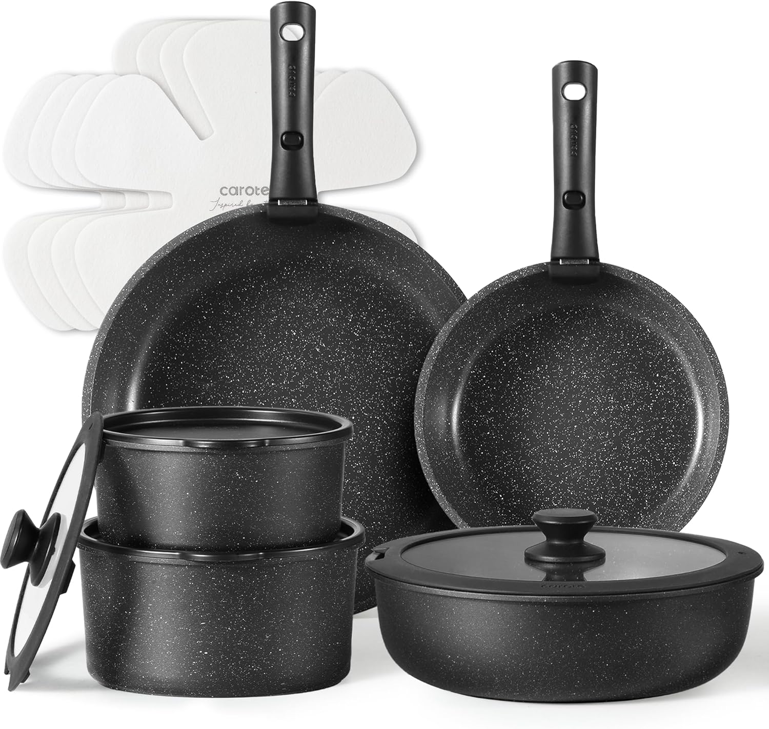 CAROTE 15pcs Pots and Pans Set Non Stick, Cookware Sets, Kitchen Set, Oven/Dishwasher/Fridge Safe, Space Saving Pots Set, Nonstick Set with Versatile Detachable Handle, Induction RV Set, Black 15pcs Ebony Black