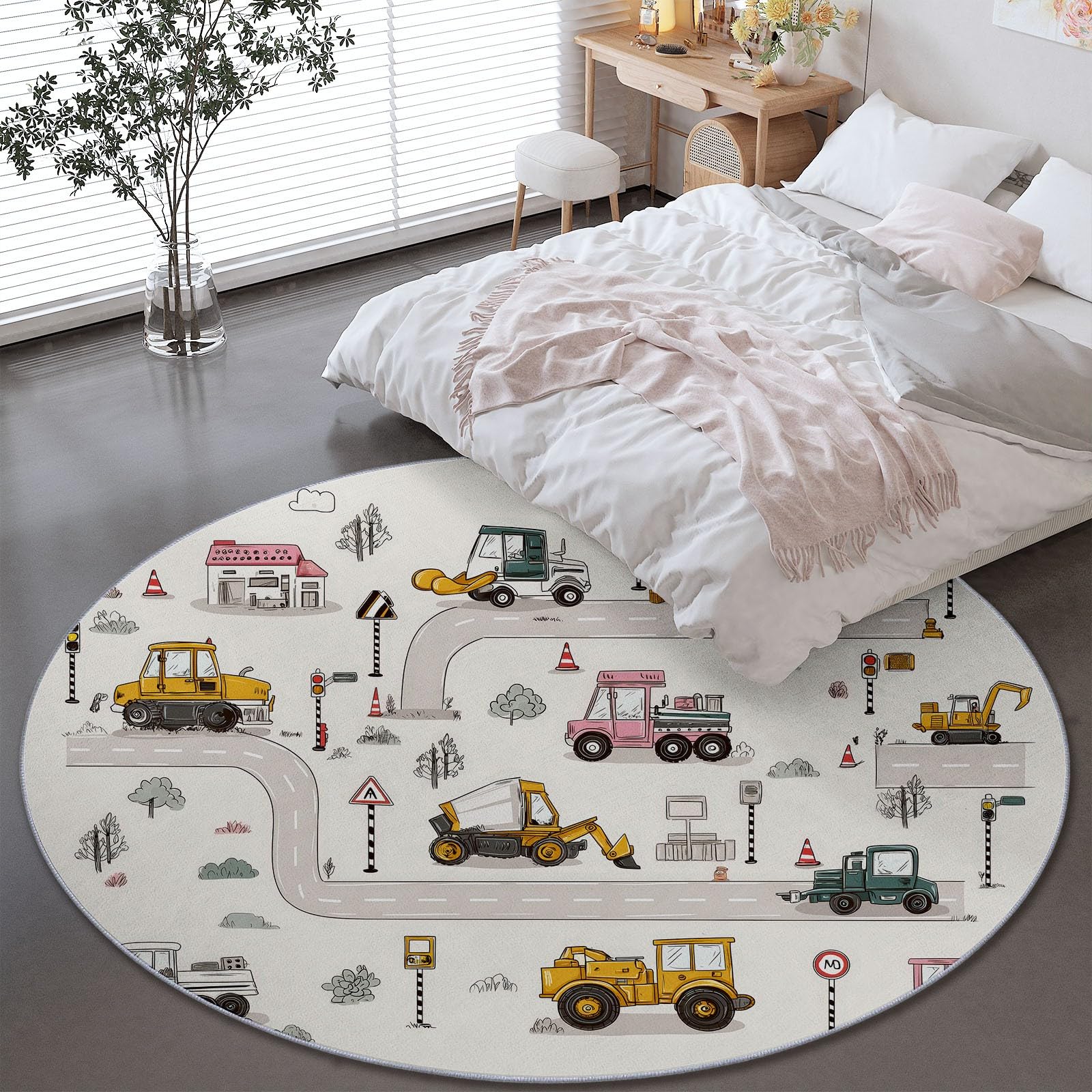 Generico Beige Tappeto Rotondo 120 cm - Antiscivolo Lavabile Tappeti per Cameretta Soggiorno, Cartone Animato Carino Auto Veicoli Stampa Morbido Flanella Tappeto Rotondo per Divano
