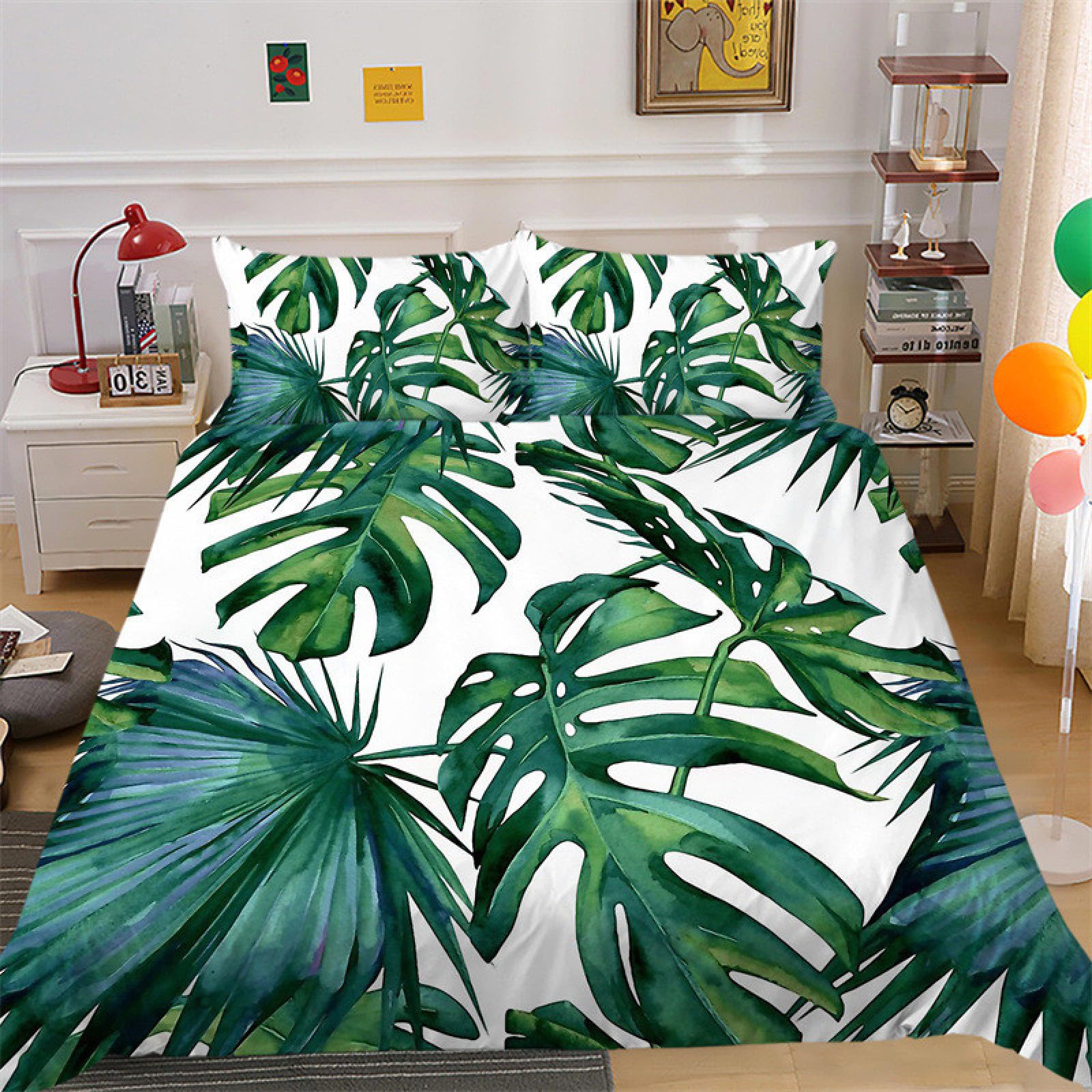 Housse de Couette 160x200 Feuilles Tropicales Blanches Parure de Lit 2 Personnes Sets de Housses de Couettes Usine 110gsm Microfibre Douce + 2 Taies d'oreillers 65x65cm avec Fermeture éclair