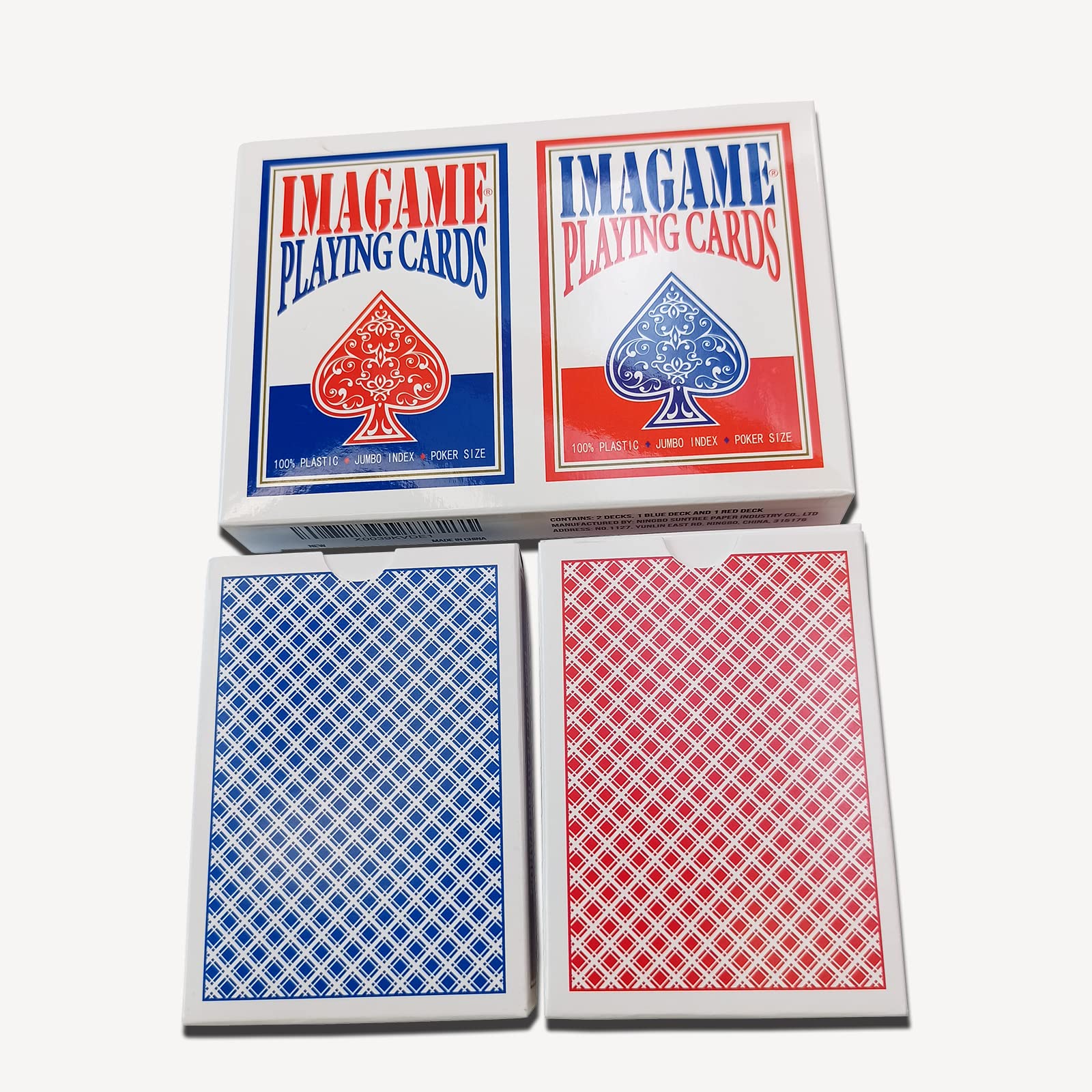 IMAGAME Plastikowe karty do gry, rozmiar pokera, jakość kasyna, indeks Jumbo, wodoodporne i nadające się do prania, idealne do pokera Texas Hold'em, 1 niebieska talia i 1 czerwona talia