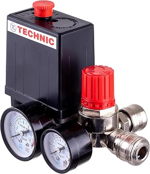TC TECHNIC Pressure Regulator, Air Compressor Switch, 2 Pressure Gauges, Automatic, Black