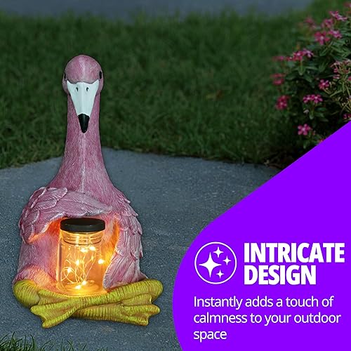 Miniatura 5 de Exhart Escultura de jardín, estatua de jardín de flamenco rosa solar, tarro de 8 luces LED de luciérnaga, decoración de jardín al aire libre, 8 x