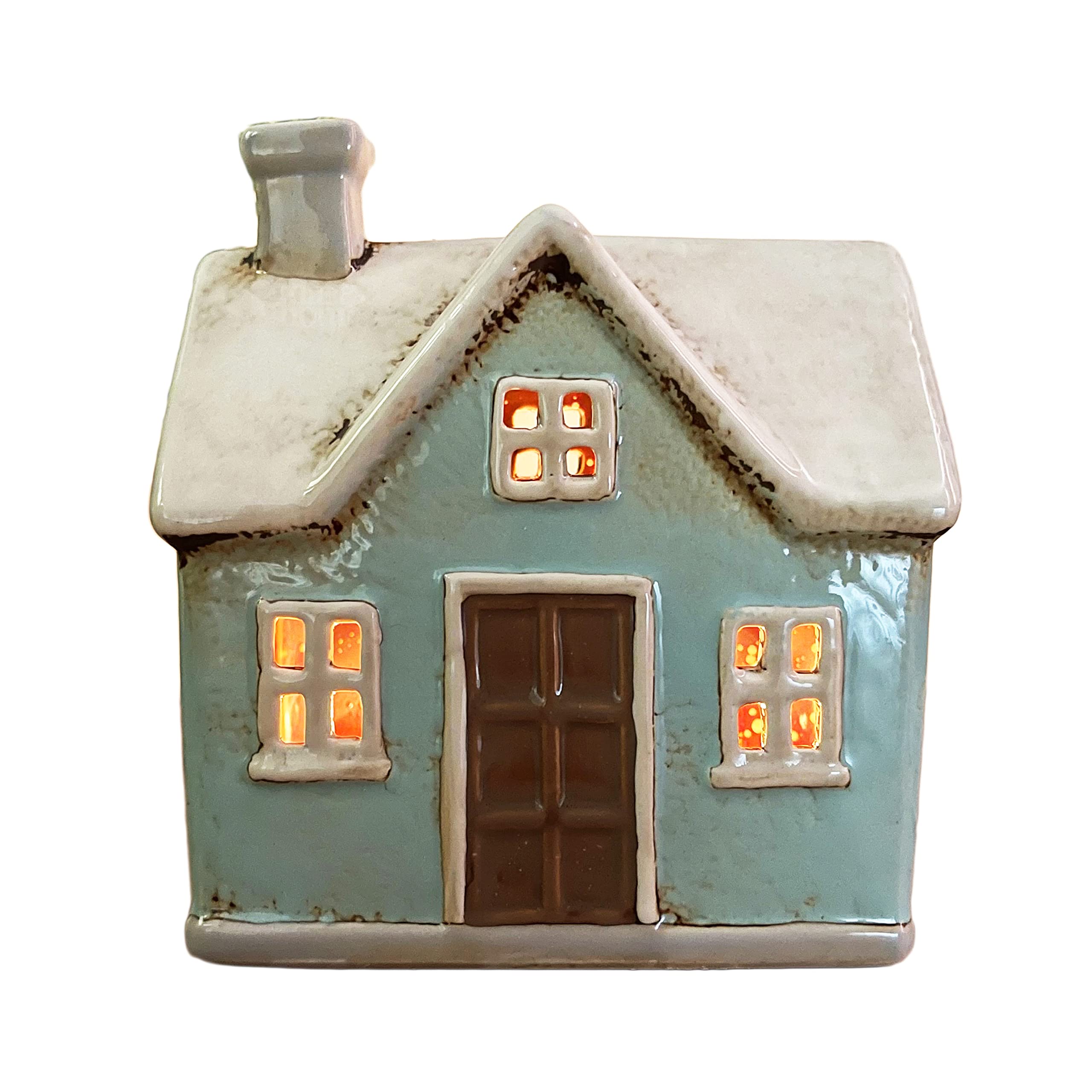 Darthome Blue Ceramic Green Candle Holder Traditional Cottage House Pottery Tea Light Lantern