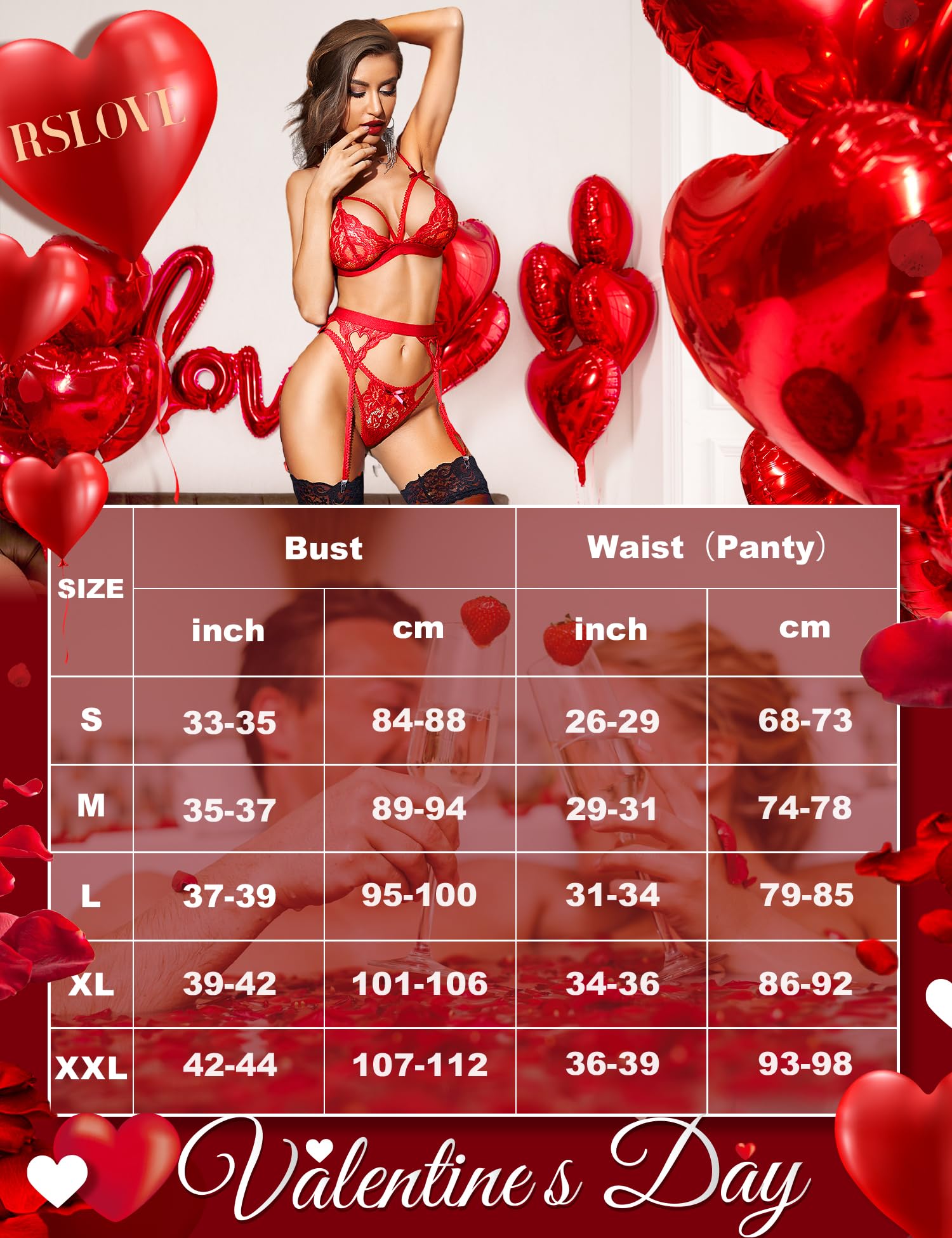 RSLOVE Women Lingerie Sets with Garter Belt 3 Piece Lace Teddy Babydoll Bodysuit: Medium Red