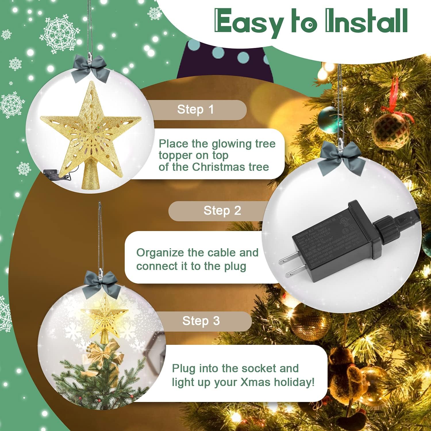 Christmas Tree Topper Star Lighted with Rotating Snowflake LED Projector, Gold Star 3D Glittered Christmas Xmas Tree Decorations Projector Angle Adjustable