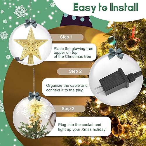 Miniatura 5 de Decoración para árbol de Navidad iluminada con proyector LED giratorio de copo de nieve, estrella dorada 3D con purpurina para árbol de Navidad,