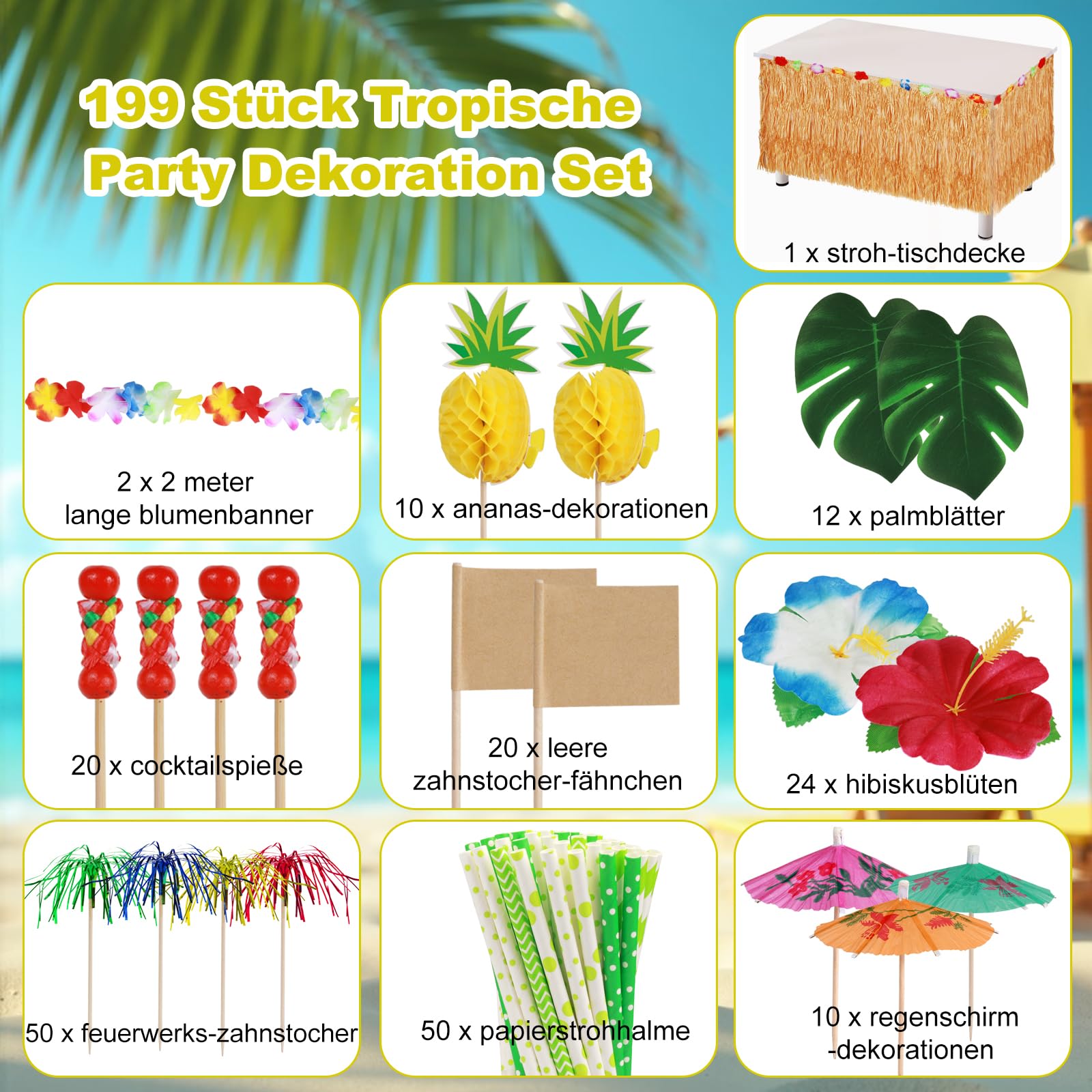199 Stück Hawaii Party Dekoration Set, Tropische Party Dekoration Set, Hawaii Luau Tischröcke, Hawaii Deko, Banner, Blüten, Künstliche Palmenblätte für Hawaii Party Deko Beach Tropischen Garten Party
