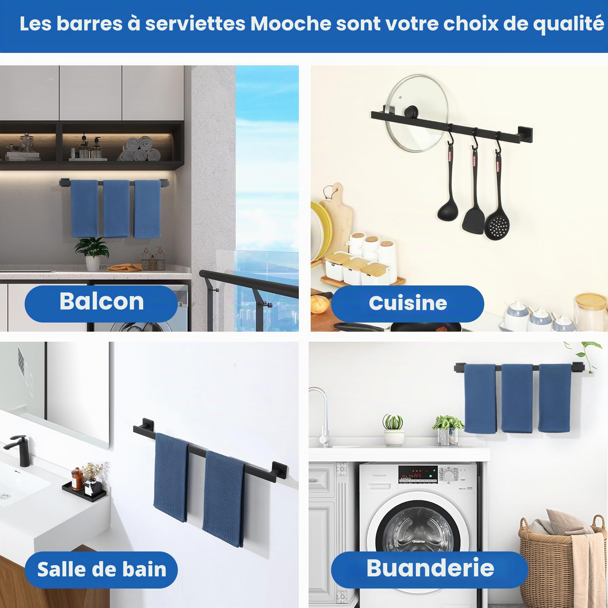 Mooche Porte Serviette Salle de Bain, Longueur 70 CM, Barre Serviette Salle de Bain en SUS304 Acier Inoxydable, Porte Serviette Murale à Cuisine ou Douche, Noir