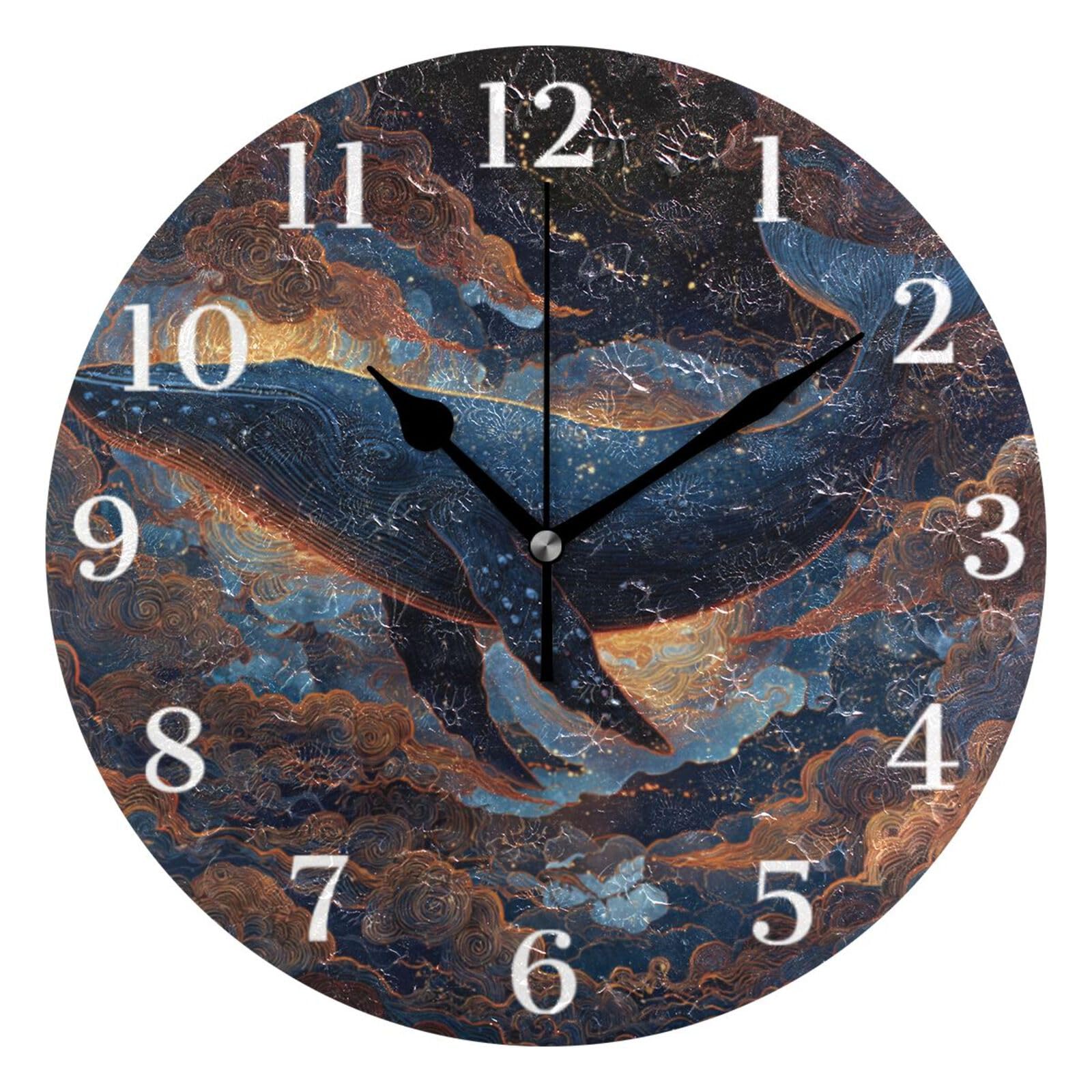 Ensound Glowing Whale Wall Clock Silent Non-Ticking Battery Operated Clocks 12 Inch for Kitchen Home Living Room
