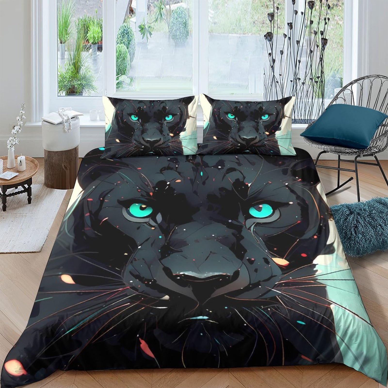 Ctjqhvkz Style-2 3D Printed Black Panther Fitted Sheet Microfiber Soft Bedroom Decor Blue Eyes Bed Cover For Home Guest Room Single（135X200cm）