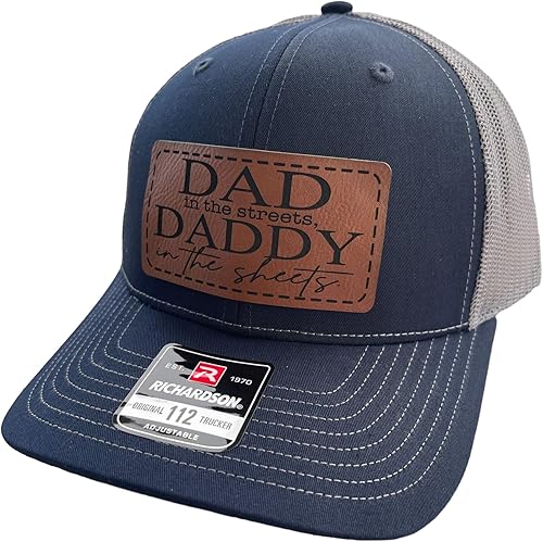 Dad In The Streets Daddy In The Sheets Hat Mens Funny Dad Baseball Cap (NavyCharcoal with Rawhide Patch)
