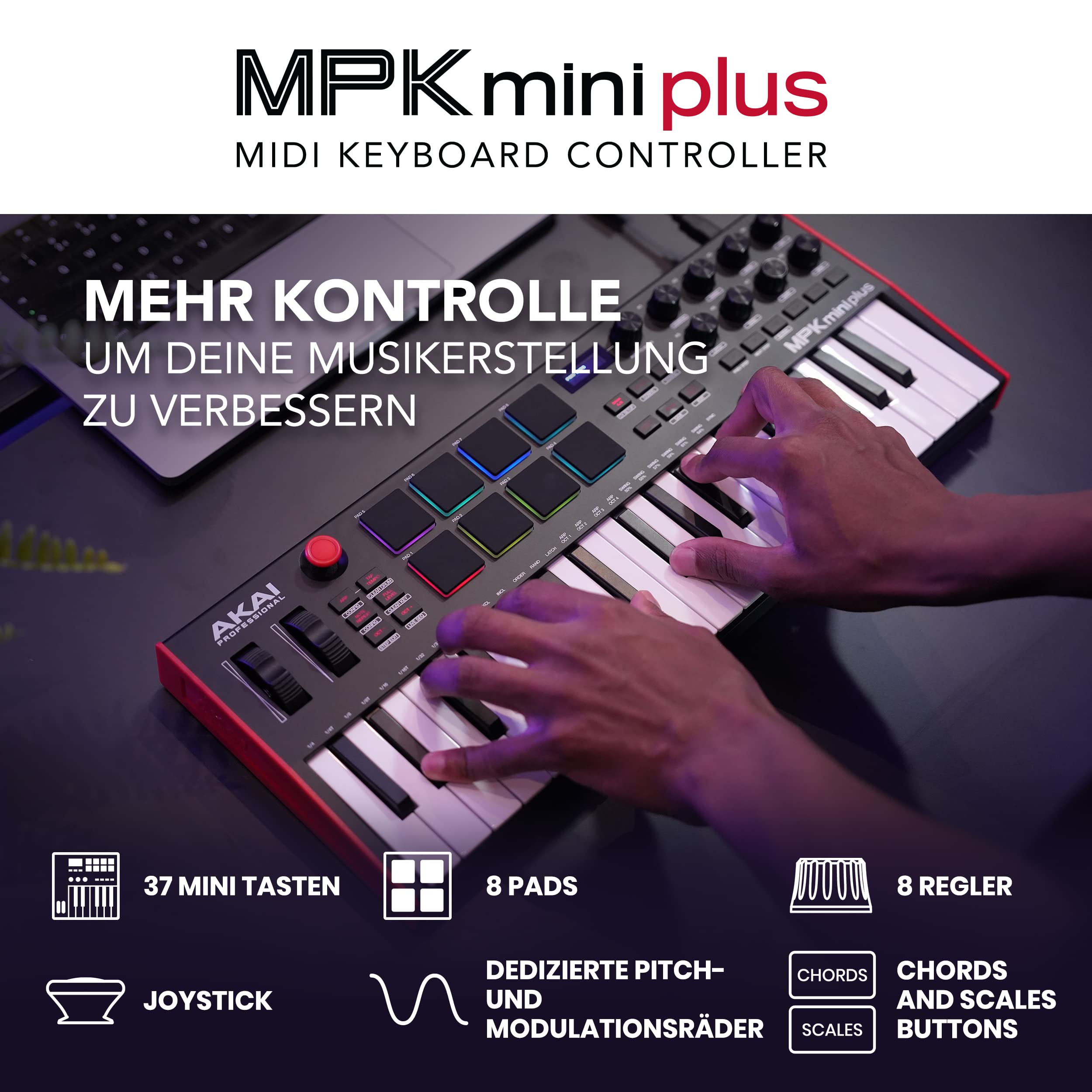 Akai Professional MPK Mini Plus - 37-Tasten USB MIDI Keyboard Controller mit 8 MPC Pads, Sequencer, MIDI/CV/Gate I/O, Musikproduktionssoftware und Native Instruments Sound Package