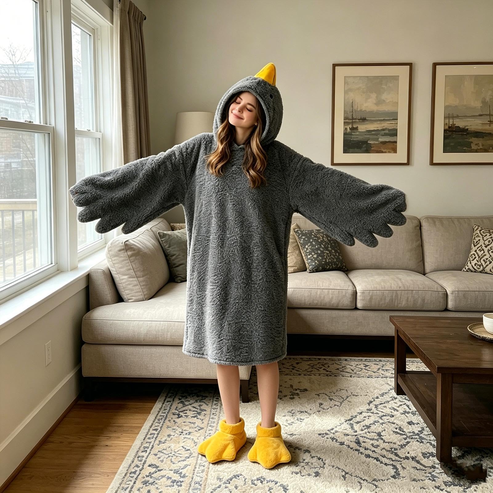 Tuta intera con cappuccio, coperta d'oca, per donne e uomini, pigiama divertente con grande oca grigia | Costume da anatra per cosplay, caldo set con scarpe, tutina morbida per feste invernali