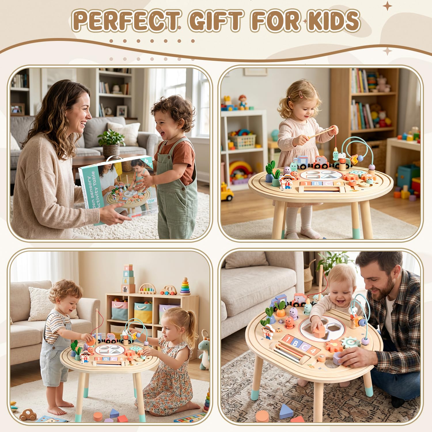 10-in-1 Holz Aktivitätstisch ab 1 Jahr, Kinder Montessori Spielzeug | Motorikspielzeug Lernspielzeug für 1+ Jahre, Spieltisch mit Angelspiel, Formensortierer & Tierzug, Geschenk für Mädchen Junge
