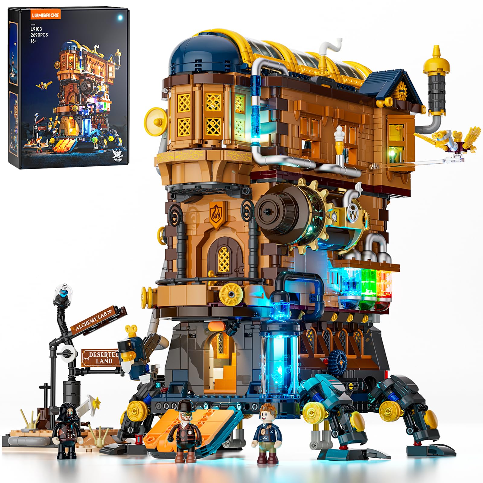 Lumibricks Mecha-Alchemist's Moving Castle Lighting Building-Bricks Set, 2690 Pcs Gearwerk Alchemy Lab Collection Display Set for Adults and Steampunk Lovers