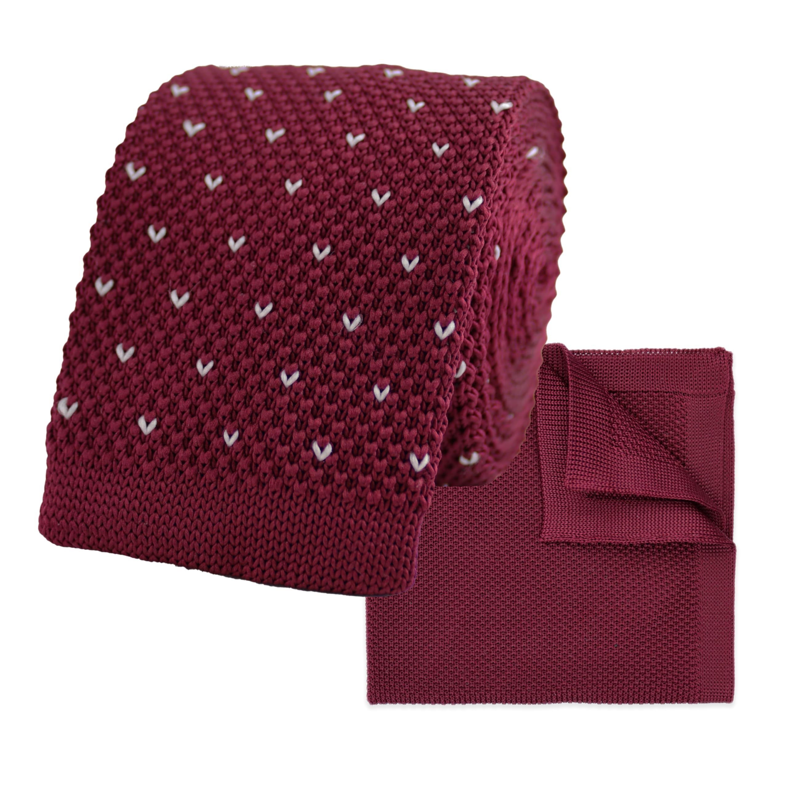 THE GENTS LAB Men's Square End Knitted Neck Tie With Dots & Matching Pocket Square | Made From 100% Soft Polyester | Over 10+ Colours (Wine Red)