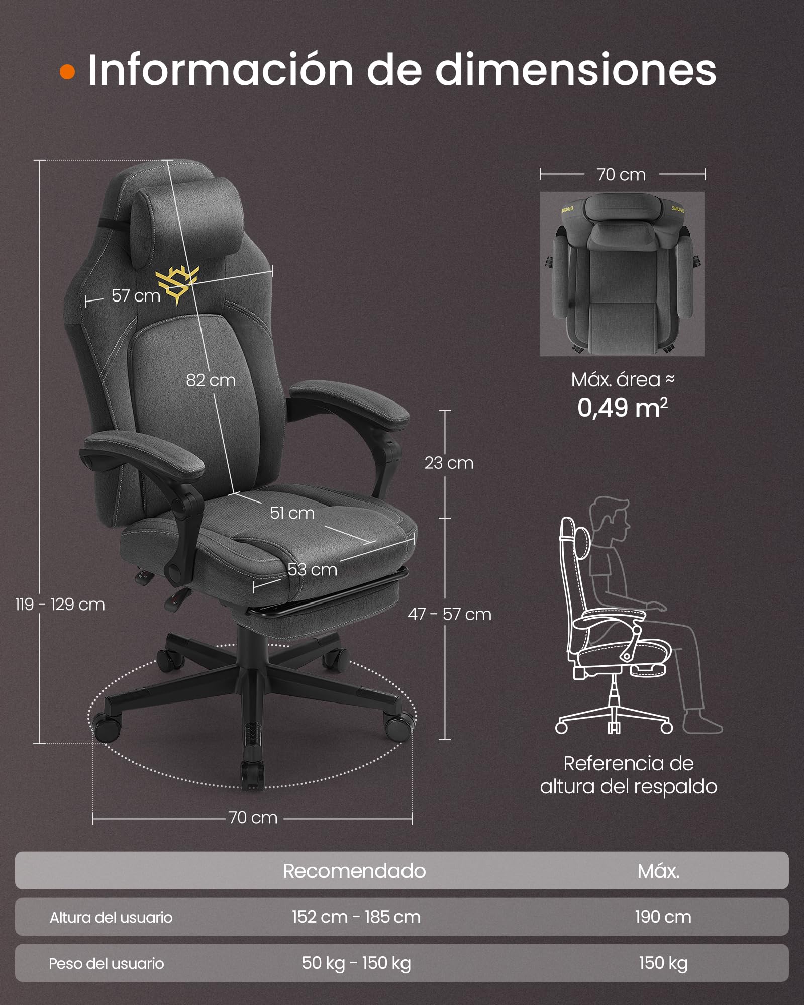 SONGMICS HOME Silla de Juegos, Silla Racing Ergonómica para Ordenador con Reposapiés, con Reposacabezas, Tela de Algodón y Lino, Altura Ajustable, Gris Paloma OBG072G01
