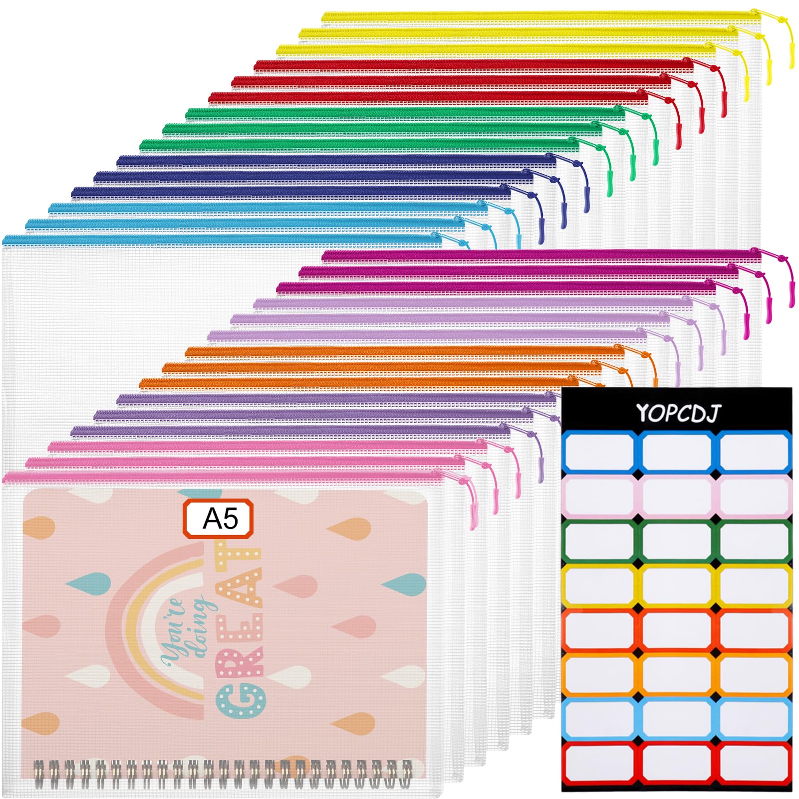 30 sacchetti in rete con cerniera, A5, 24 x 17 cm, impermeabili, con cerniera, sacchetti in plastica con cerniera per organizzare, sacchetti a rete per riporre articoli scolastici da viaggio, 10
