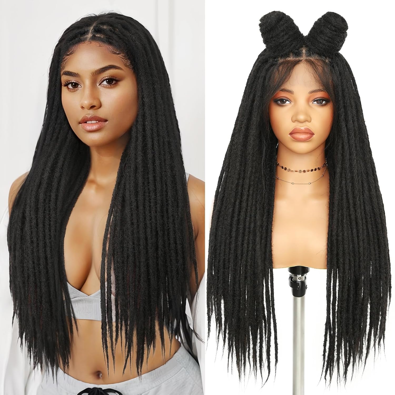 HANNE Full Lace Dreadlock Wig with Baby Hair 30 Inch Faux Locs Wigs Hand Made Afro Dreads Wig Knotless Square Part Soft Braided Locs Wigs for Black Women(Natural Black)