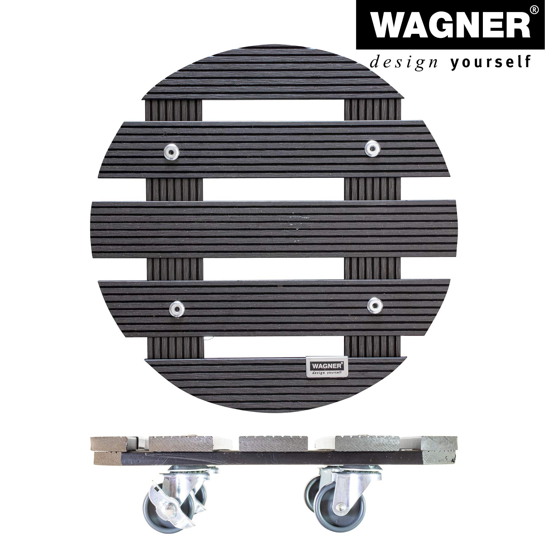 WAGNER Carrello per Piante WPC Ø 29 x 7,5 cm I Carrello per Fiori e Piante per Interni ed Esterni, Antracite I Portavaso Composito di plastica e Legno con 2 Freni I Portata 100 kg - 20052501