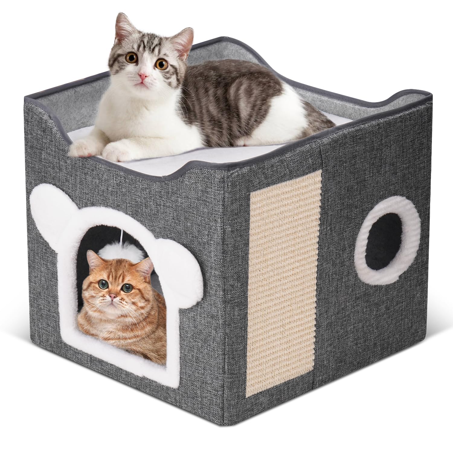 Cat Beds for Indoor Cats, Large Cat House Foldable Cat Cave with Scratch Pad and Hanging Fluffy Ball, Reversible Cushion Hideaway for Pet Cats, 16.5x16.5x13.2 inches, Dark Grey