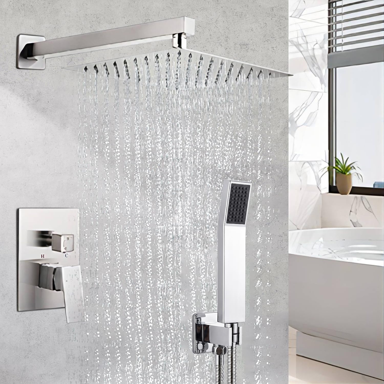 Colonne de Douche Encastrée, Ensemble de Douche Encastré, Chromé | Kit Douche Encastrable avec Tête de Douche Carrée 25x25cm- Laiton & Acier Inoxydable