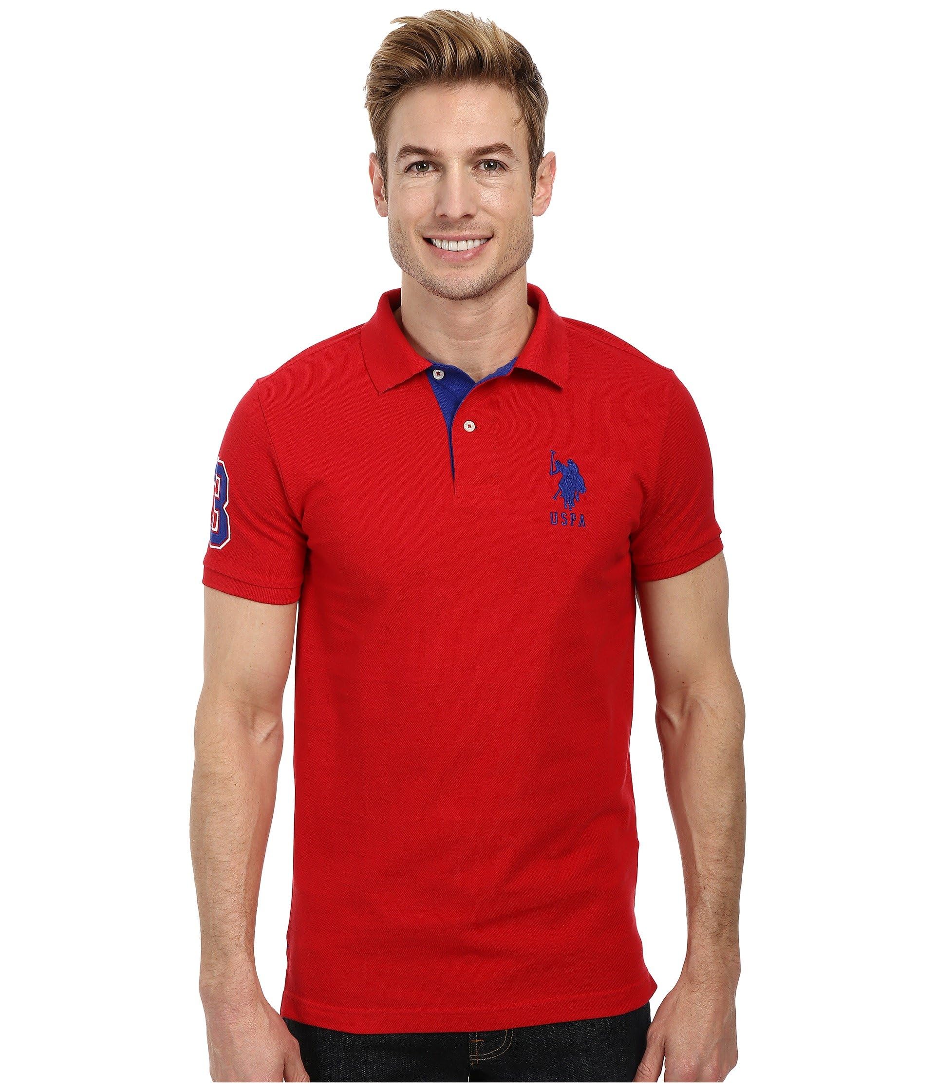 U.S. Polo Assn. Men's Short-Sleeve Polo Shirt with Applique, Engine Red/International Blue, Large